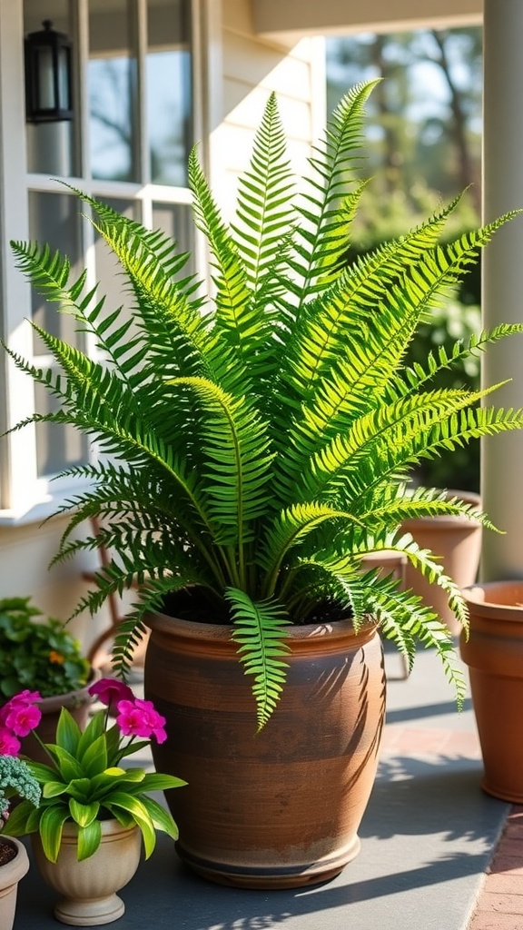 A Kimberly Queen Fern in a large pot on a front porch, surrounded by other potted plants.