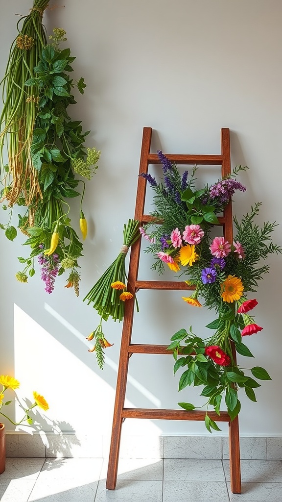 A wooden ladder adorned with colorful flowers and herbs, creating a beautiful garden display.