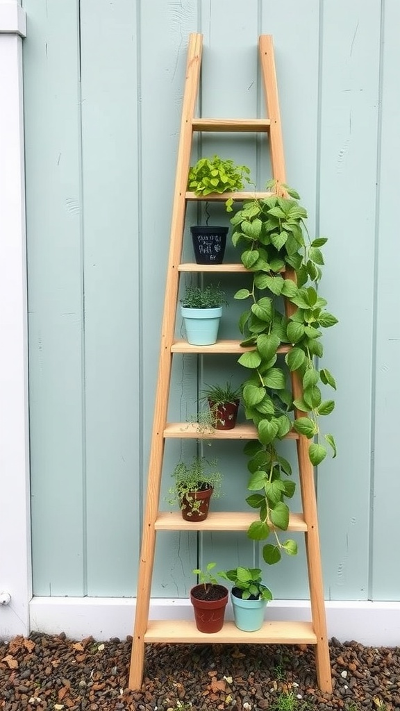 A wooden ladder with various potted herbs and flowers, set against a wooden fence.