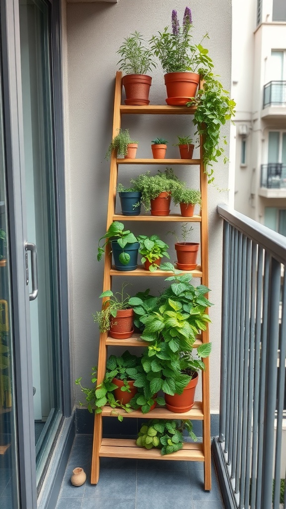 A wooden ladder filled with various herb plants in terracotta pots on a balcony.