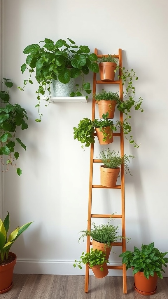 A wooden ladder with various pots of herbs growing in a bright and cozy indoor setting.