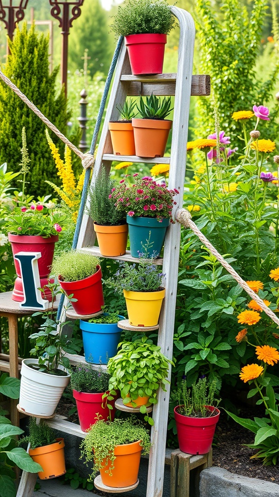 A wooden ladder adorned with colorful herb pots, surrounded by vibrant flowers and greenery.