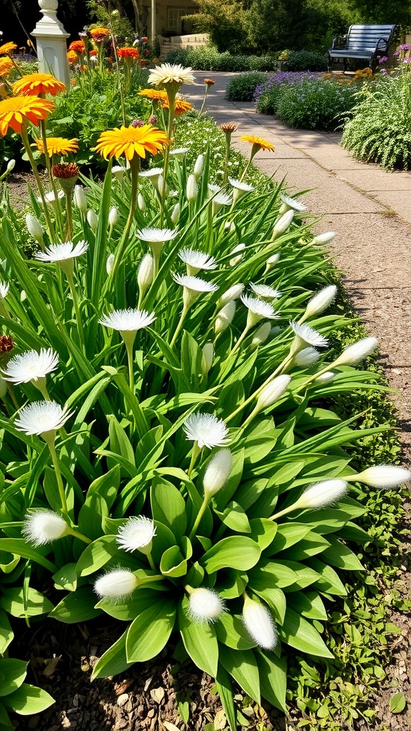 A vibrant garden featuring Lamb's Ear plants with fuzzy leaves, surrounded by colorful flowers and a stone path.