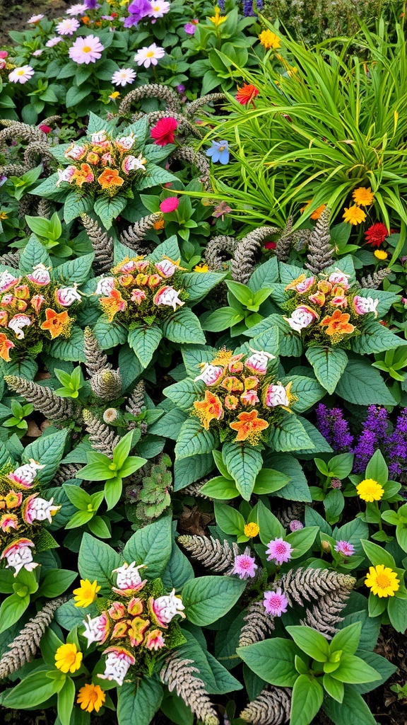 Colorful garden with blooming Lamium and diverse flowers