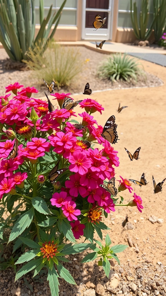 Lantana plant with vibrant flowers and butterflies surrounding it