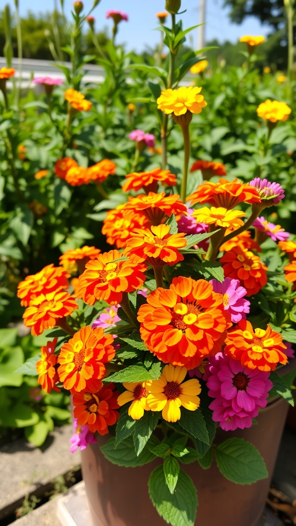 Vibrant Lantana flowers in a pot, showcasing shades of orange, yellow, and pink.