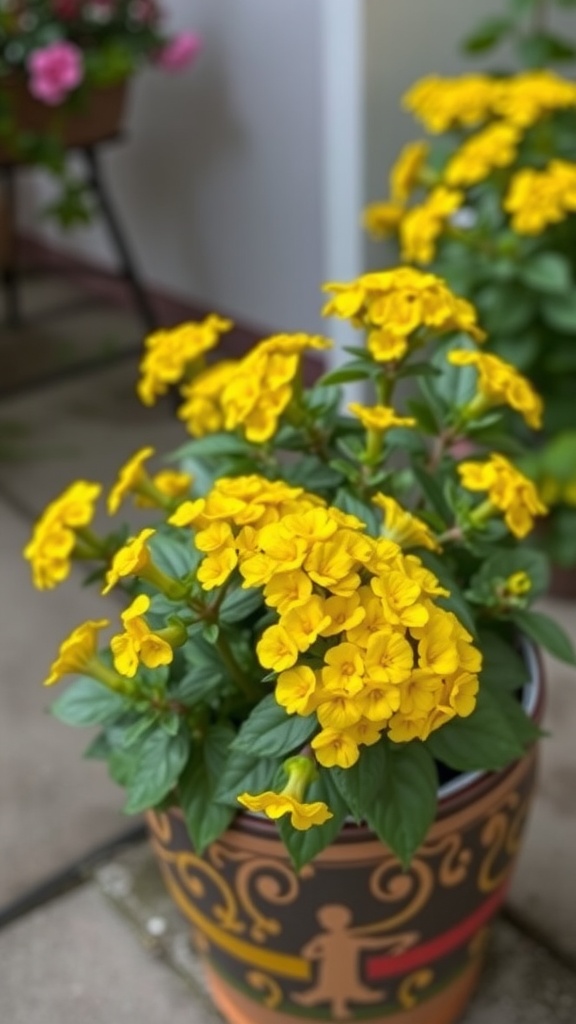 A pot filled with bright yellow Lantana flowers, showcasing their vibrant blooms and lush green leaves.