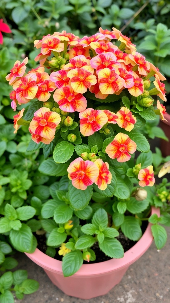 Vibrant Lantana 'Confetti' flowers in a pink pot, showcasing a mix of yellow, orange, and pink colors.