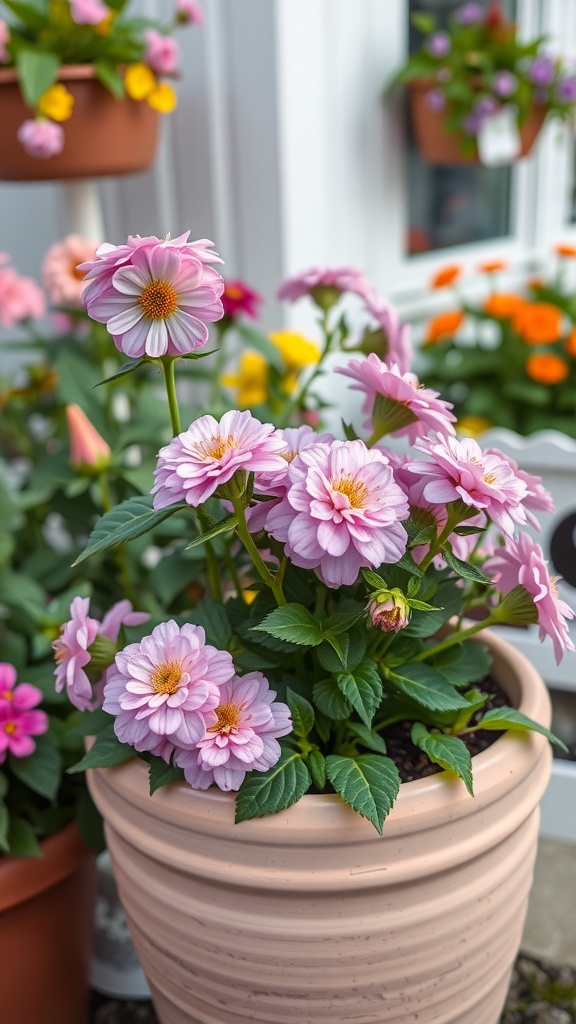 A close-up of soft lavender flowers in a pot surrounded by vibrant blooms, showcasing Lantana 'Lavender' in a cheerful garden setting.