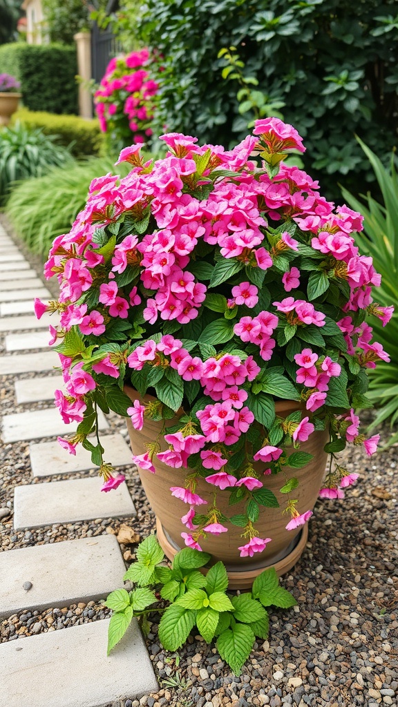 A vibrant pot of Lantana 'Pink Trails' flowers, showcasing bright pink blooms and lush green leaves.