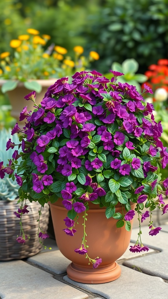 Lantana 'Purple Trailing' flowers in a terracotta pot, cascading with vibrant purple blooms.