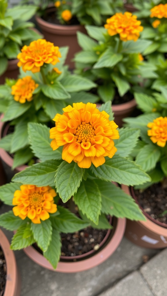 Bright yellow Lantana flowers in pots