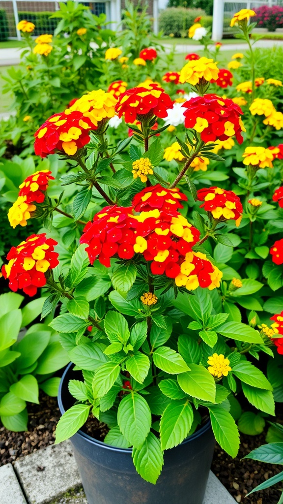 Lantana 'Samantha' with vibrant red and yellow flowers in a pot