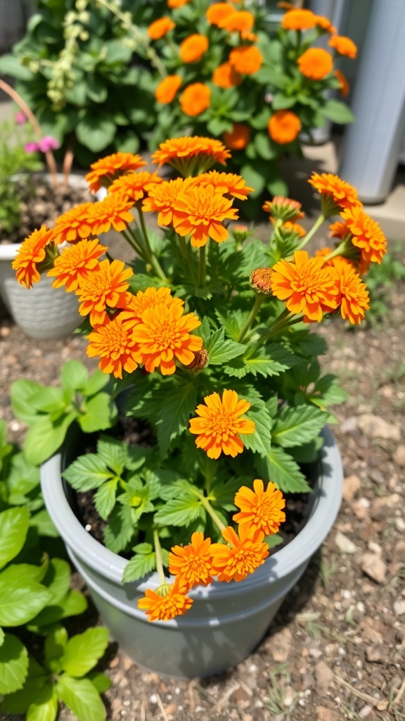 A potted Lantana 'Tangerine' with vibrant orange blooms