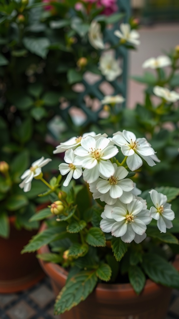 Lantana flowers in white pots with white blooms and green leaves