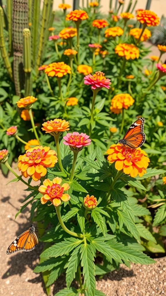 Colorful clusters of Lantana flowers with butterflies in a sunny garden setting.