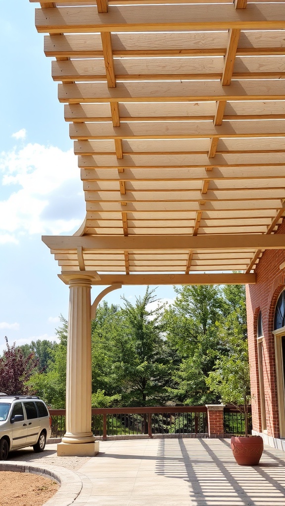 A lattice-style pergola with wooden beams providing shade over a patio area.