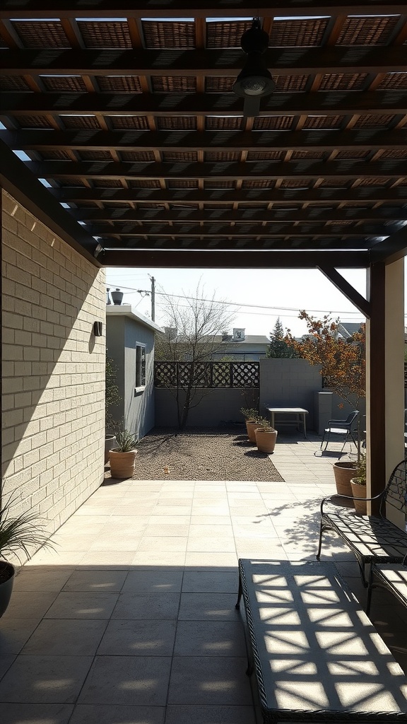 A cozy patio with a wooden lattice roof providing shade, surrounded by plant pots and a relaxing atmosphere.