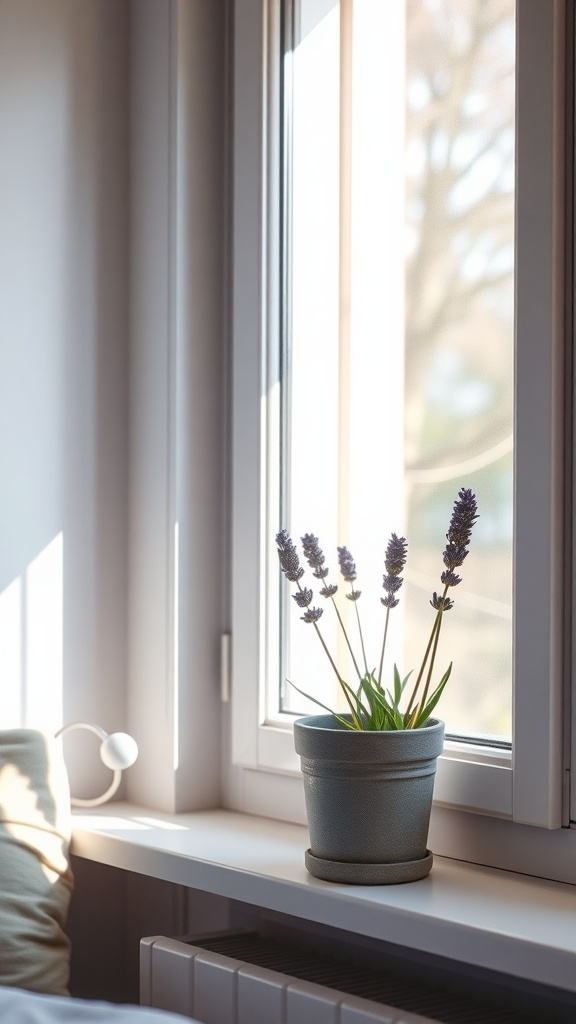 A lavender plant in a grey pot sitting on a bright windowsill in a cozy bedroom.