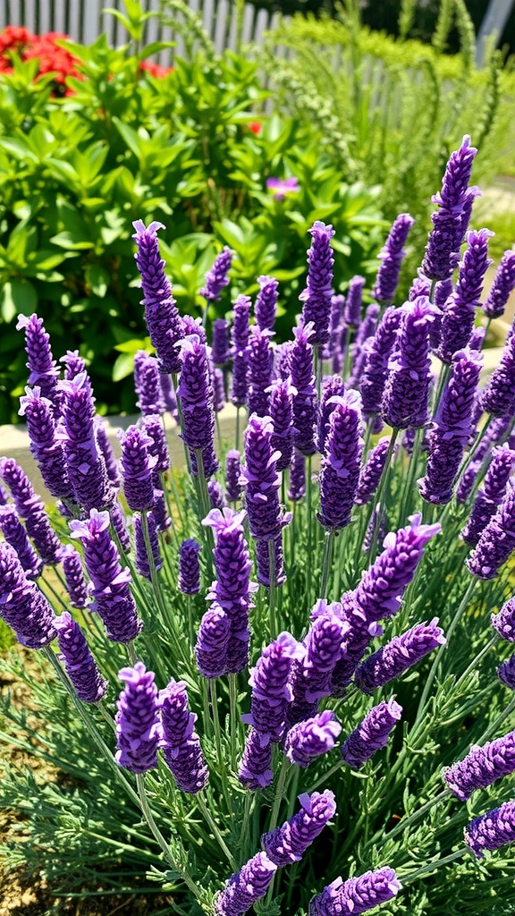 Lavender flowers in full bloom, showcasing their vibrant purple color in a sunny garden setting.