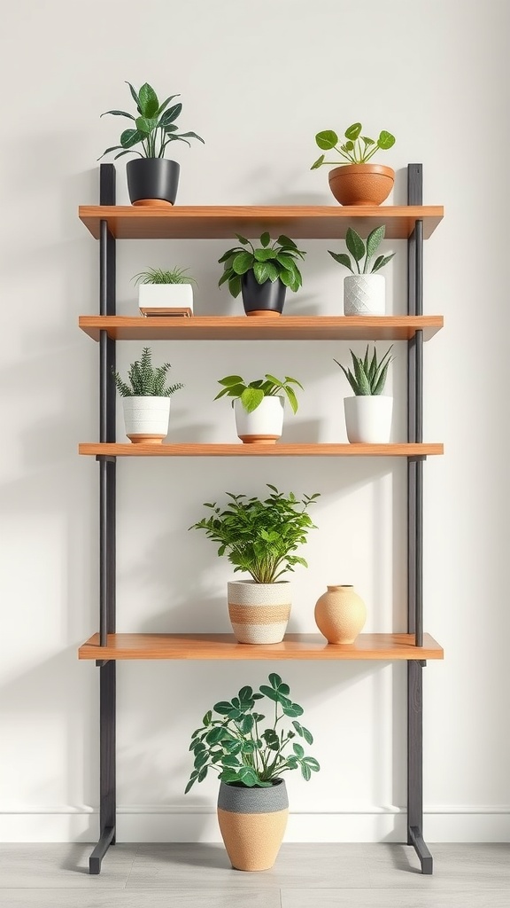 Plant shelf displaying various plants with a modern design.