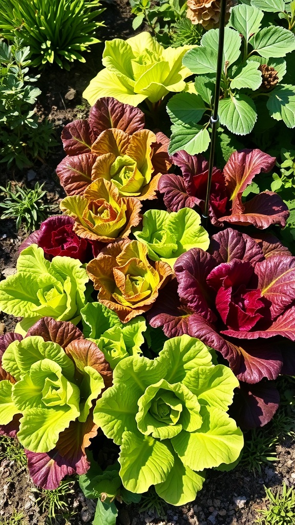 A colorful array of leaf lettuce in a garden, showing vibrant green and red leaves.