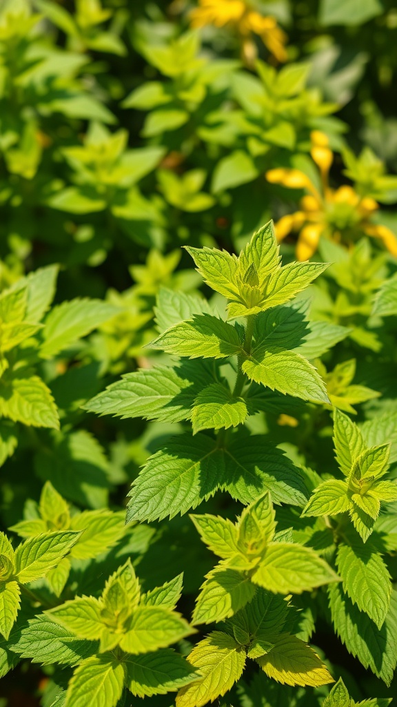 Close-up of fresh lemon balm leaves in a garden setting.