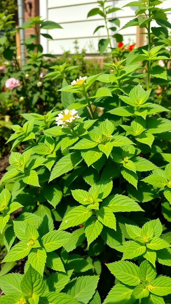 Lemon balm plants with green leaves and small white flowers in a garden setting.