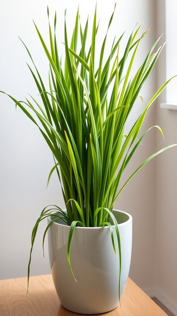 Potted lemon grass with tall green leaves in a white planter