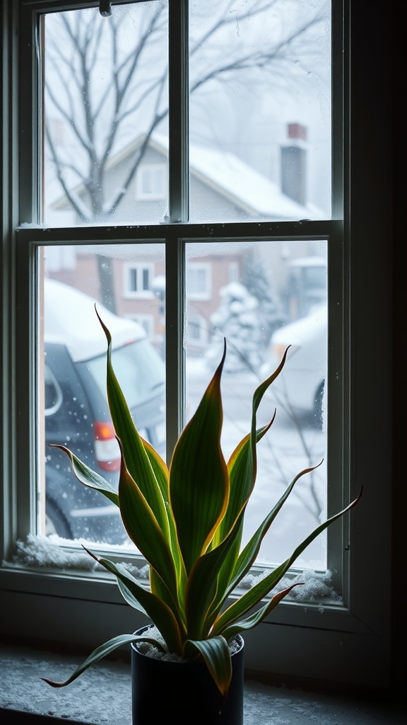 A snake plant in a pot on a windowsill with a thermometer nearby, indicating cold weather.