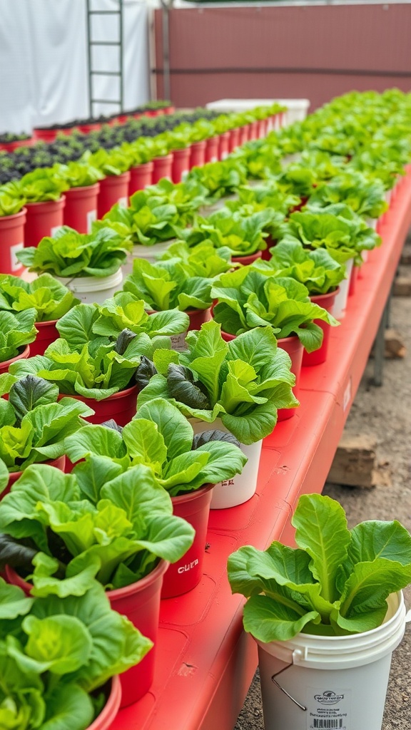 Rows of vibrant lettuce growing in colorful container buckets in a greenhouse.