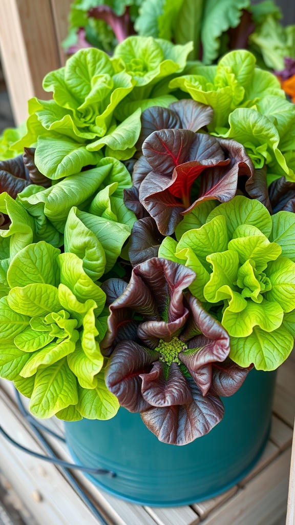 A colorful assortment of lettuce varieties in a container, showcasing different textures and colors.