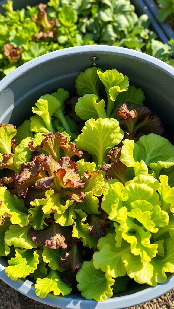 A variety of lettuce growing in a 5 gallon bucket.