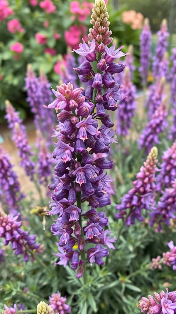 Close-up of purple Texas Sage flowers with green foliage