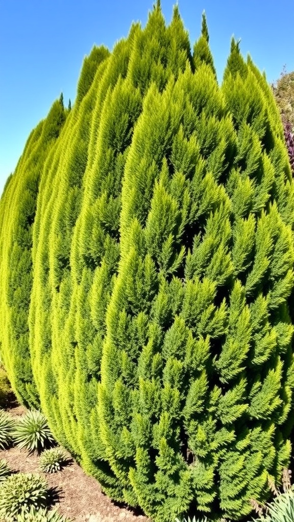 A dense and tall Leyland Cypress hedge creating a natural privacy barrier.