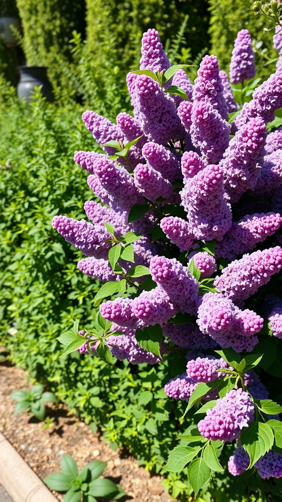 Close-up of blooming lilac flowers with lush green foliage in the background