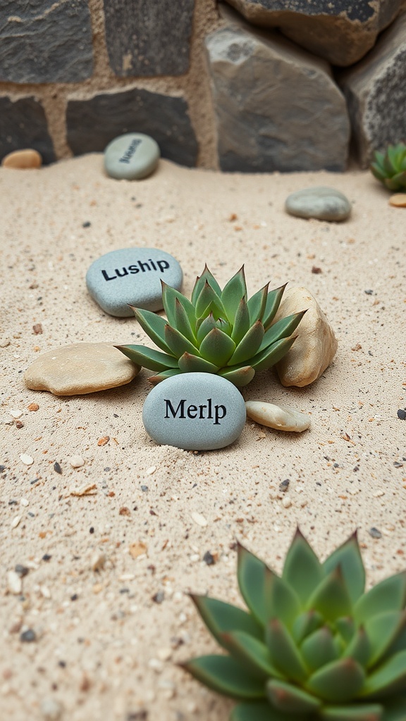 Lithops, or living stones, with smooth pebbles in a sandy setting