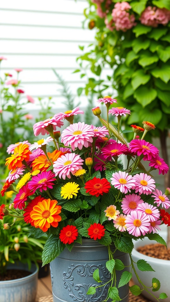 A vibrant arrangement of colorful flowers in a pot, perfect for full sun.