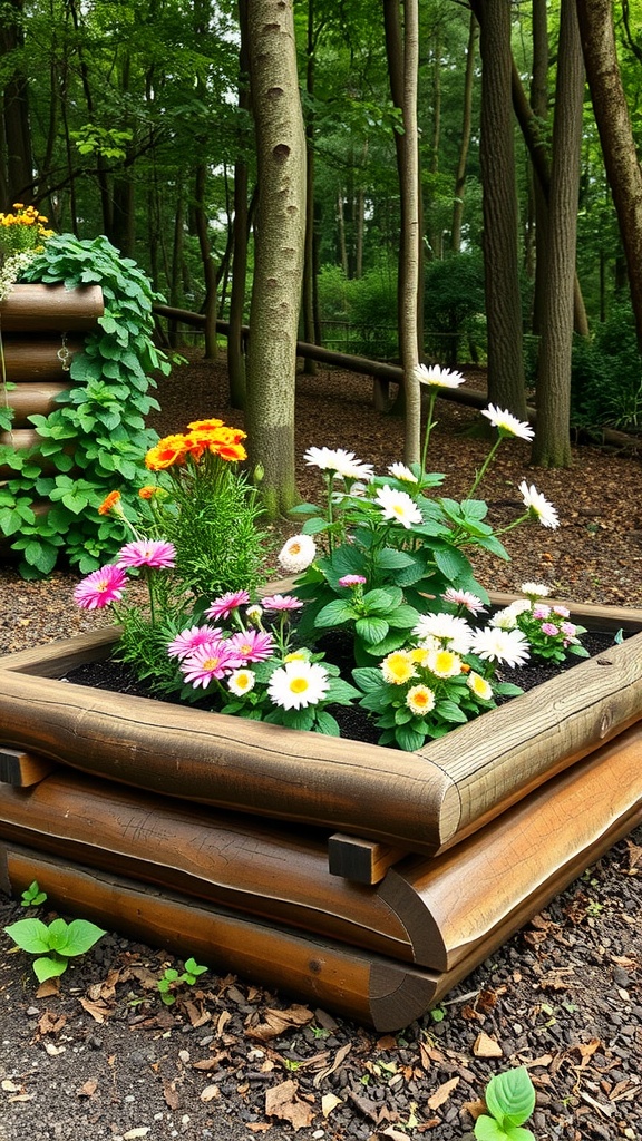 Log cabin style raised garden bed filled with colorful flowers in a forest setting.