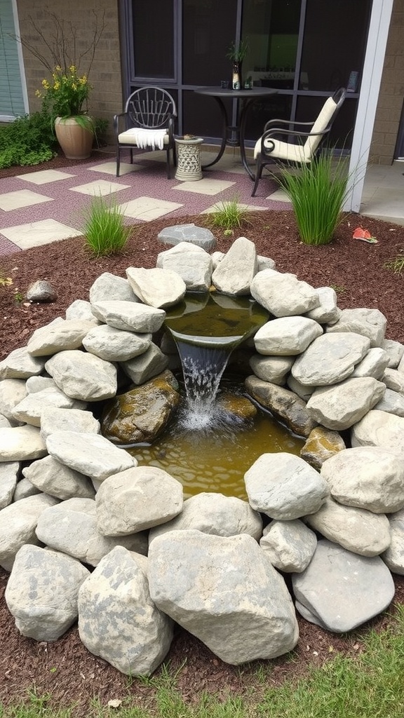 A DIY water feature with stones and greenery in a backyard setting.