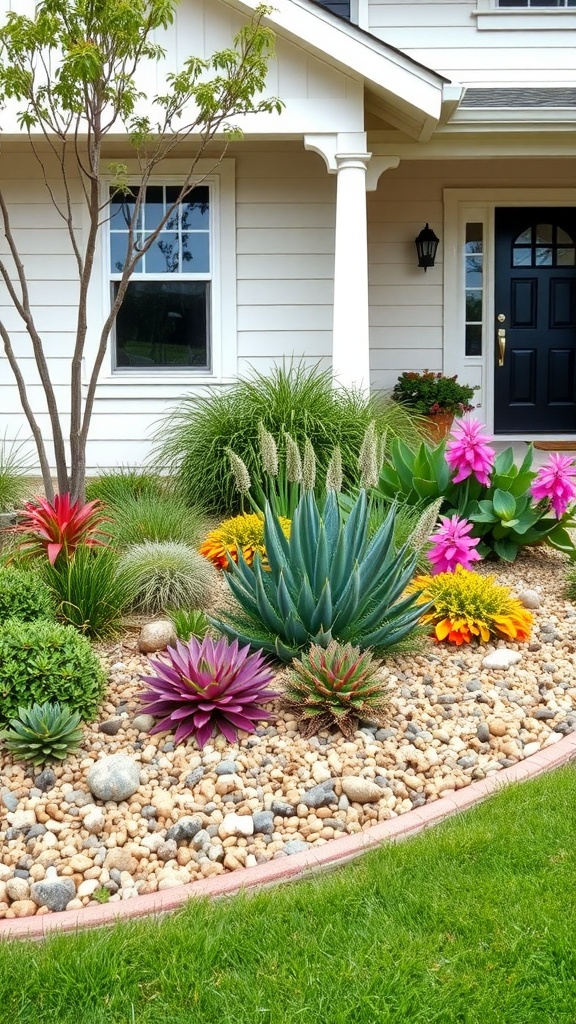 A vibrant xeriscape flower bed with colorful succulents and decorative stones in front of a house.