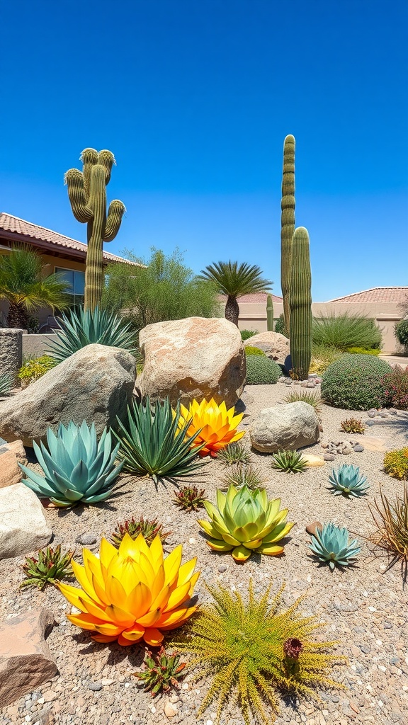 A vibrant xeriscape landscape design featuring a variety of succulents and rocks.