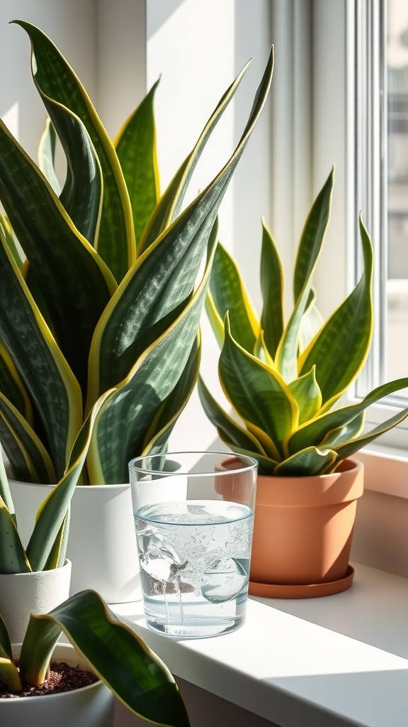 Container of low-nitrogen fertilizer for snake plants surrounded by green leaves.