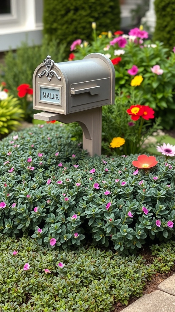 A mailbox surrounded by creeping thyme and colorful flowers, showcasing low maintenance landscaping.