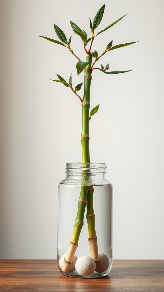 A healthy Lucky Bamboo plant in a clear jar of water with decorative stones at the bottom.