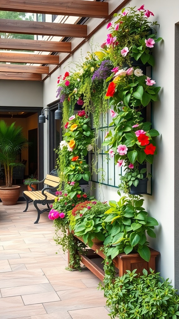 A vibrant vertical garden with colorful flowers and greenery next to a cozy seating area.