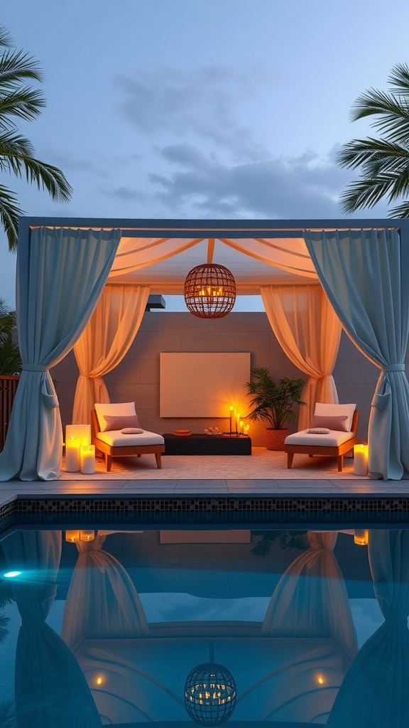 A luxury spa-inspired cabana by a pool with soft lighting and plush seating