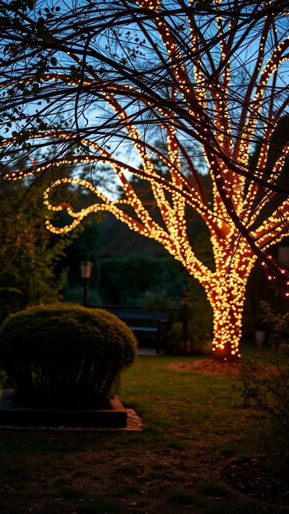 A garden tree wrapped in warm fairy lights at dusk.