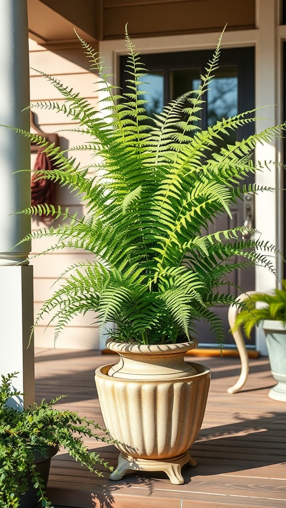 A Maidenhair Fern in a decorative pot on a porch