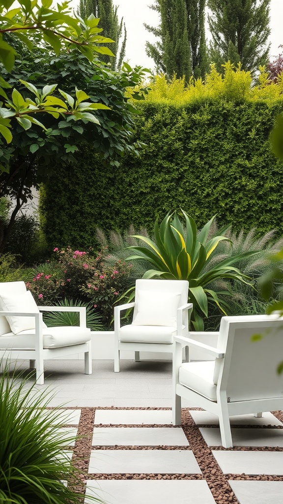 A minimalist garden featuring white outdoor furniture surrounded by lush green plants.